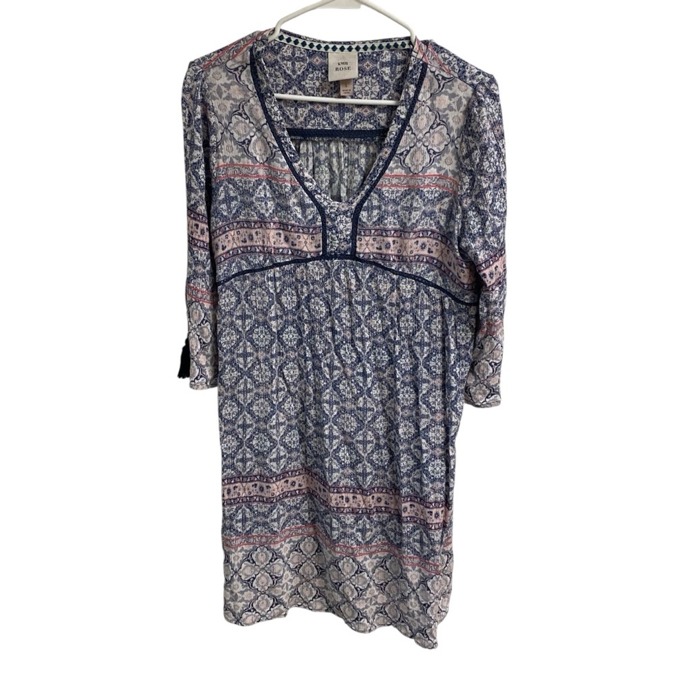 Knox Rose Medallion Floral Print Dress 3/4” Length‎ Sleeve Tassel Tie Detail L